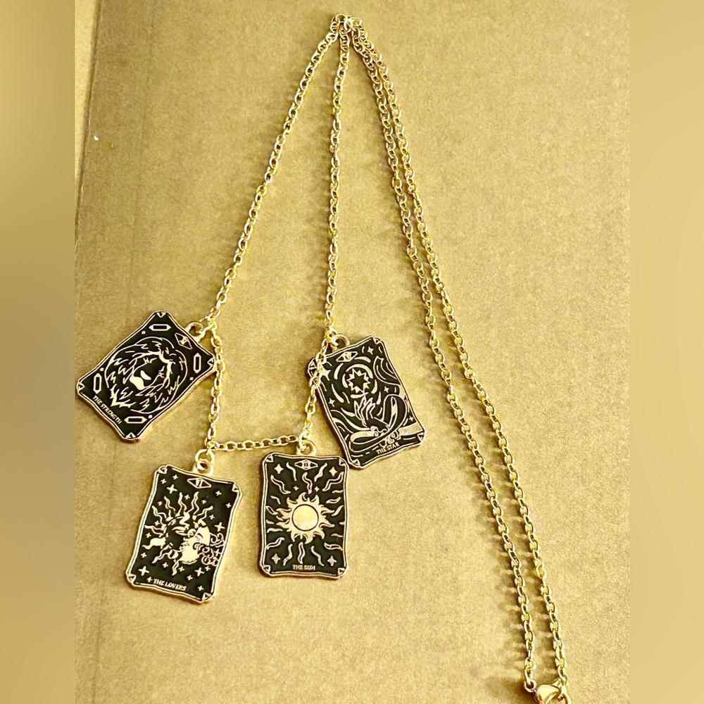 NWOT Necklace tarot card charms: strength, sun, lovers, star black enamel 21β - Picture 4 of 9